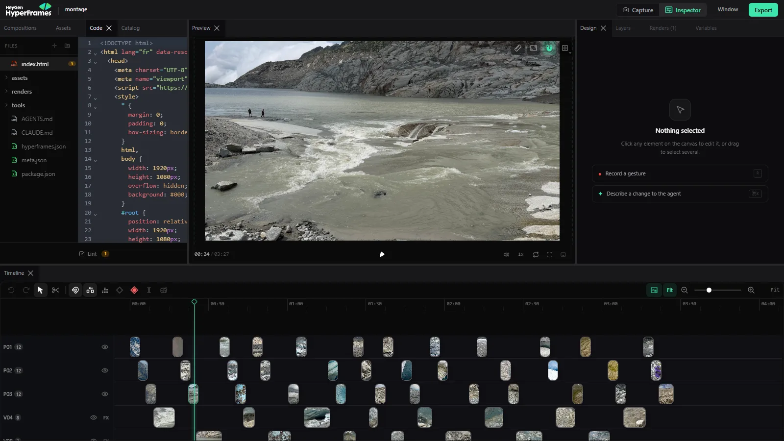 Das HyperFrames-Studio: links der Code der Komposition, in der Mitte die Videovorschau